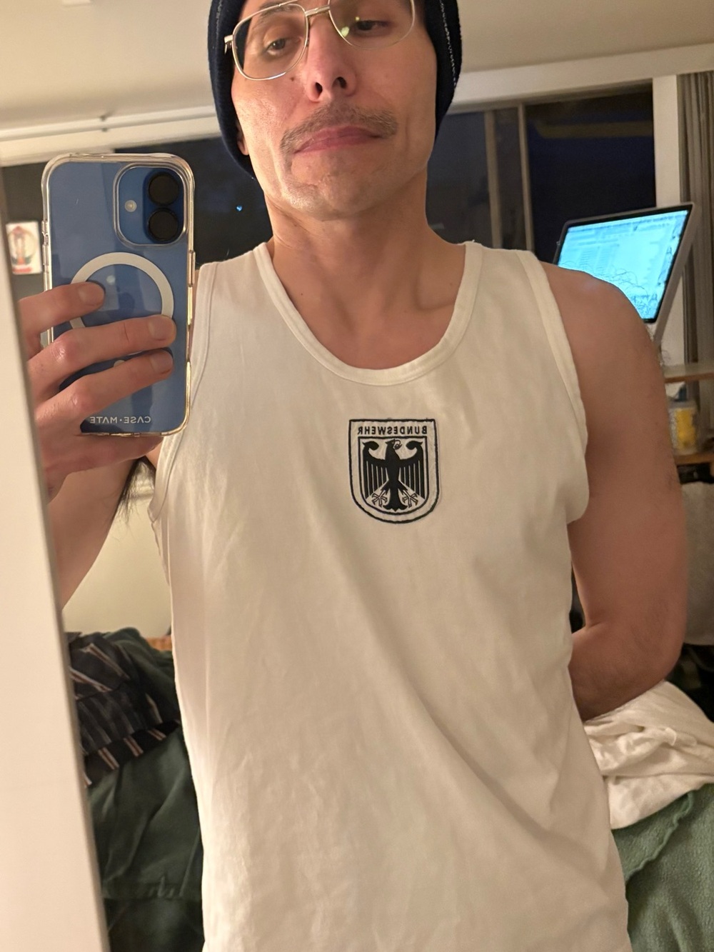 Tank top in White. Cotton. Embroidered black eagle crest. - Picture 8 of 14